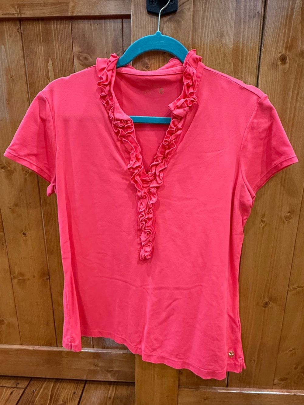 Lilly Pulitzer Coral Pink Ruffle V-Neck Short Sleeve Tee